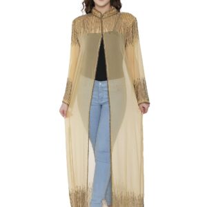 Matelco Women Polyester Blend Banded Collar Long Maxi Floor Length Front Open Embroidered Shrug