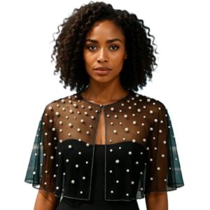 RABBA Women’s Poncho Capelet Shrug Set – Red, Black & White Net (3pcs)